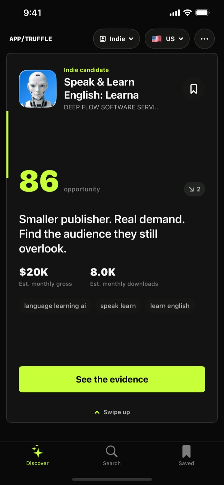 Indie candidate with an opportunity score and estimates