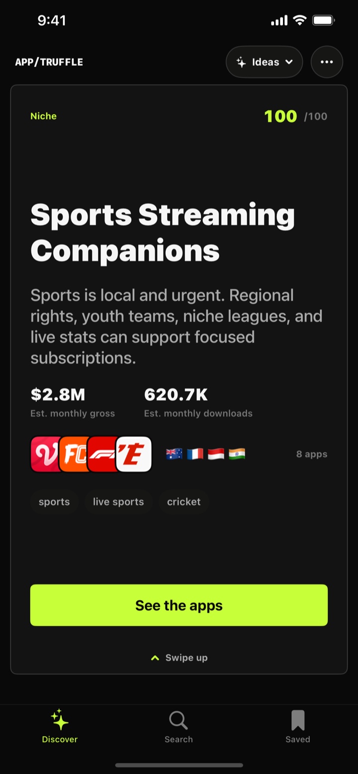 Niche card: sports streaming companions, with market estimates and keywords